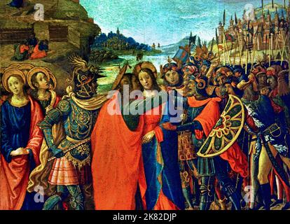 Gefangennahme Christi - die Verhaftung Jesu, 1500 - 10 Maestro di ( Meister von ) 1490-1515 Marradi Florenz Italien Italienisch Florenz, Italien. Die Gruppe der Apostel, die in resignierter Unterwerfung posiert wird, wird von den Soldaten mit offenem Mund gegenübergestellt, ihre Augen entflammen vor Hass, Bemerkenswert ist unter ihnen der linke mit der deformierten Nase und dem runden, obtuse Auge. Diese expressive Charakterisierung der Gesichter, typisch für die Nordmalerei. Stockfoto