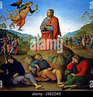 Er Agonie im Garten 1492 Pietro Perugino 1446/1452 – 1523 geboren Pietro Vannucci, italienischer Renaissance-Maler der umbrischen Schule, Italien (Christus wird in der Mitte der Tafel über einem klaren Himmel dargestellt, kniet im Garten Gethsemane und empfängt von einem Engel einen göttlichen Kelch. Seine Figur bildet ein Dreieck mit den drei schlafenden Aposteln unten (von links: Johannes, Petrus und Jakobus); das Dreieck ist durch die symmetrische Linie der Hügel mit den Seiten des Gemäldes verbunden. Hinter Jesus liegt eine Seenlandschaft, ein typisches Element der damaligen italienischen Malerei, mit einer befestigten Stadt. Stockfoto