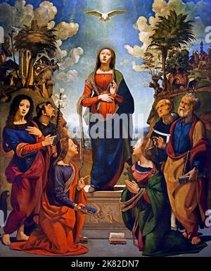 Die Inkarnation Jesu und der Heiligen Philip Benizi, Johannes der Evangelist, Katharina von Alexandria, Margarete, Petrus und Antoninus Pierozzi von Piero di Cosimo (Florenz 1462 - 1522), Florenz, Italien. Stockfoto