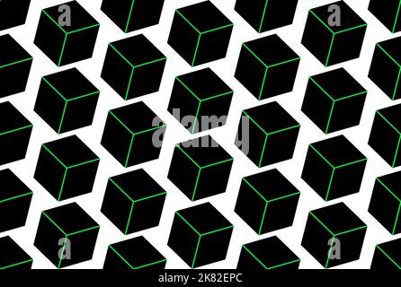 Nahtloses Vektor-Muster aus schwarzen Würfeln mit leuchtenden Kanten Stock Vektor