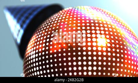 3D hyperrealistische Darstellung einer Kugel mit Halbton-Punktmuster und einem Kegel mit Streifenmuster auf hellblauem Hintergrund Stockfoto