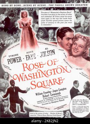 Al Jolson, Tyrone Power & Alice Maye Poster Film: Rose of Washington Square (USA 1939) Regie: Gregory Ratoff 01 May 1939 **WARNUNG** Dieses Foto ist nur für den redaktionellen Gebrauch bestimmt und unterliegt dem Copyright von 20. CENTURY FOX und/oder des Fotografen, der von der Film- oder Produktionsfirma beauftragt wurde, und kann nur durch Publikationen im Zusammenhang mit der Bewerbung des oben genannten Films reproduziert werden. Eine obligatorische Gutschrift an 20. CENTURY FOX ist erforderlich. Der Fotograf sollte auch bei Bekanntwerden des Fotos gutgeschrieben werden. Ohne schriftliche Genehmigung der Film Company kann keine kommerzielle Nutzung gewährt werden. Stockfoto