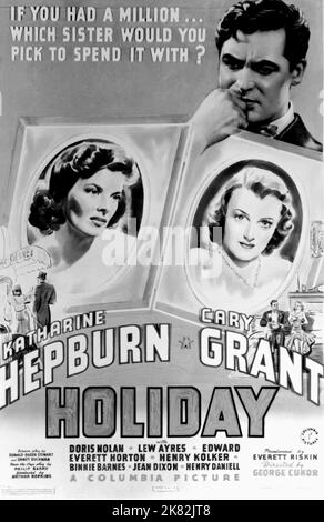 Katharine Hepburn, Doris Nolan & Cary Grant Poster Film: Holiday; Free To Live (1937) Charaktere: Linda Seton,Julia Seton & Regie: George Cukor 15 June 1938 **WARNUNG** Dieses Foto ist nur für redaktionelle Zwecke bestimmt und unterliegt dem Copyright von COLUMBIA und/oder des Fotografen, der von der Film- oder Produktionsfirma beauftragt wurde und darf nur von Publikationen im Zusammenhang mit der Bewerbung des oben genannten Films reproduziert werden. Eine obligatorische Gutschrift an COLUMBIA ist erforderlich. Der Fotograf sollte auch bei Bekanntwerden des Fotos gutgeschrieben werden. Ohne schriftliche Genehmigung der Film Company kann keine kommerzielle Nutzung gewährt werden. Stockfoto