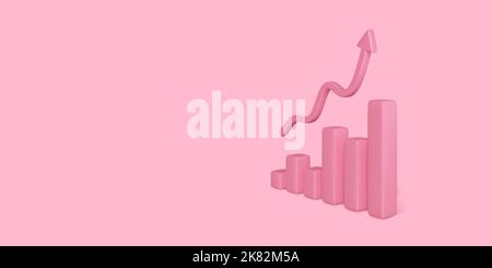 3D Statistiken Finanzdiagramm-Analyse. Rosa realistische Optimierung Aktienmarkt. Pfeil nach oben zum Planungsziel. Entwicklung des Investitionsgeschäfts Stock Vektor