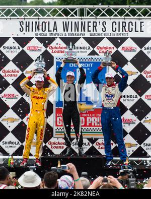 DETROIT MI/USA - 1. JUNI 2013: „Chevrolet Indy Dual in Detroit I“ Grand Prix, Belle Isle. Siegerkreis; Mike Conway - Platz 1., Ryan Hunter-Reay. Stockfoto