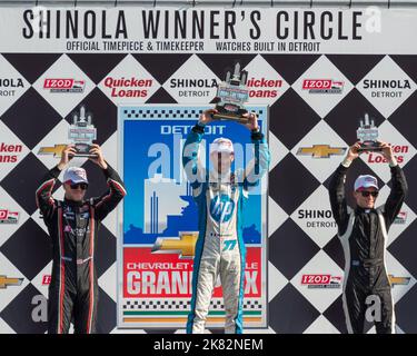 DETROIT, MI/USA - 2. JUNI 2013: Chevrolet Indy Dual in Detroit II. Siegerkreis: James Jakes - 2.; Simon Pagenaud - 1.; Mike Conway - 3.. Stockfoto