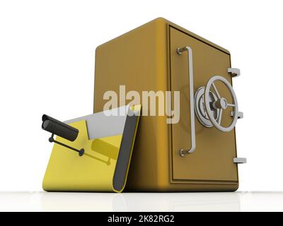3D Rendering-Ordner mit Schließfach unter der CCTV-Kamera Stockfoto