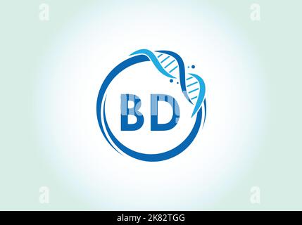 Buchstabe BD Monogramm Alphabet in einem Kreis mit DNA. Genetics Logo Design Konzept. Schrift-Emblem. Modernes Vektorlogo Stock Vektor