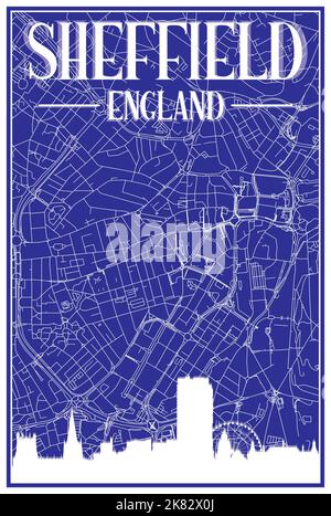 Blauer, handgezeichneter Vintage-Stadtplan mit Straßen-Ausdruck der Innenstadt VON SHEFFIELD, ENGLAND, mit brauner Skyline von 3D und Schriftzügen Stock Vektor