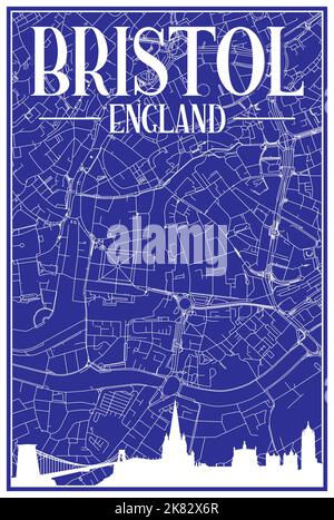 Blauer, handgezeichneter Vintage-Stadtplan mit Straßen-Netzwerk der Innenstadt VON BRISTOL, ENGLAND, mit brauner Skyline aus dem Jahr 3D und Schriftzügen Stock Vektor