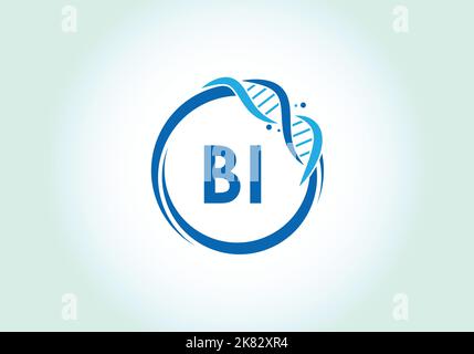 Buchstabe BI Monogramm Alphabet in einem Kreis mit DNA. Genetics Logo Design Konzept. Schriftemblem.modernes Vektorlogo für Medizin, Wissenschaft, Labor Stock Vektor