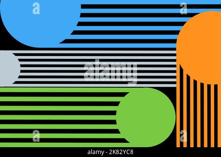 Druckvoller, heller abstrakter Vektor-geometrischer Hintergrund. Collage aus farbigen Kreisen und Linien. Hoch gesättigtes chaotisches Muster, Hintergrund. Orange, blau, grau Stock Vektor