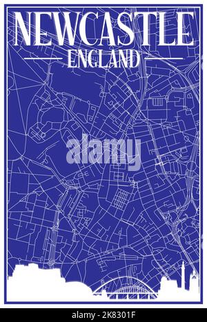 Blauer, handgezeichneter Vintage-Stadtplan mit Straßen-Netzwerk der Innenstadt VON NEWCASTLE, ENGLAND, mit brauner Skyline aus dem Jahr 3D und Schriftzügen Stock Vektor