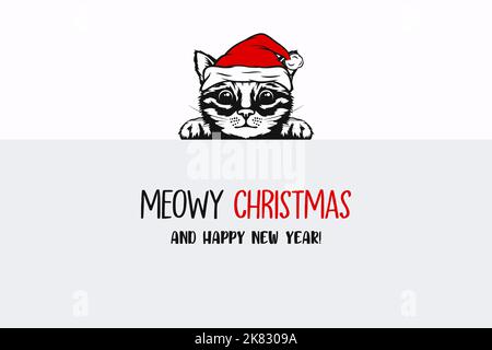 Vektor hübsch lustig versteckt Peeping Kitten, Katze, Kitty mit Weihnachtsmütze, Linie Art. Kätzchen mit Banner Design-Vorlage für Neujahr 2023 Grußkarte Stock Vektor