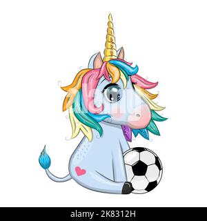 Niedliche Cartoon Einhorn mit Fußball, Sommer, Kinderspiele, Club. Stock Vektor