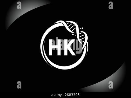 Buchstabe HK Monogramm Alphabet in einem Kreis mit DNA. Genetics Logo Design Konzept. Schriftemblem.modernes Vektorlogo für Medizin, Wissenschaft, Labor Stock Vektor