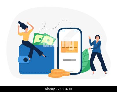 Online-Zahlung. Cartoon kleine Frau sitzt auf Brieftasche mit Banknoten. Überweisung von Bargeld auf die Kreditkarte auf dem Smartphone Stock Vektor