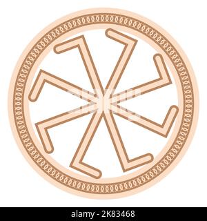 Kolyadnyk, ein slawisches Symbol, das mit einem Ornament skandinavischer Webkunst verziert ist. Beige trendig, Design mit Runen und Sonne Stock Vektor