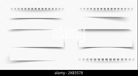 Schattenrahmen von Papier-, Notizbuch- und Notizbuchseiten. Ecken- und Linienschatteeffekte von Karten und Papierblättern mit abgerissenen Kanten, Vektor-realistische s Stock Vektor