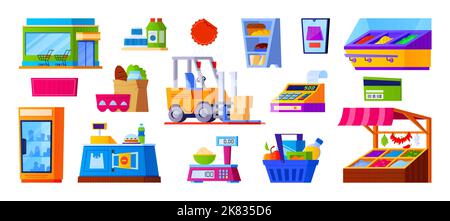 Supermarkt und Einkaufsmöglichkeiten - Set von flachen Design-Stil Objekte Stock Vektor