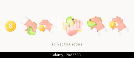 3D Money Concept Vector Icon Set. Dollarmünzen, Geldscheine, Geldbörse mit Bargeld, Hands Holding Money. Wechselgeld-Konzept , Online-Zahlung, Charity Sig Stock Vektor