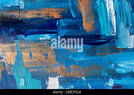 Farbe abstrakte Acrylmalerei Hintergrund mit blauen und goldenen Handschlägen Stockfoto