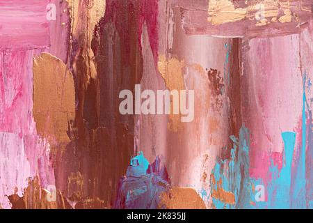 Farbe abstrakte Acrylmalerei Hintergrund mit rosa, lila, blau und goldenen Handschlägen Stockfoto