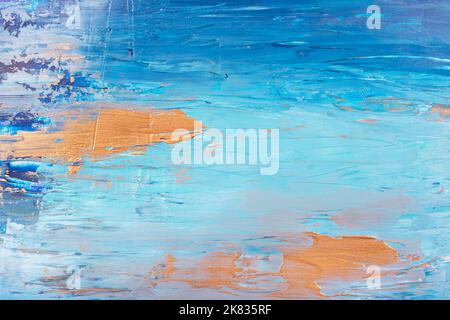 Farbe abstrakte Acrylmalerei Hintergrund mit blauen und goldenen Handschlägen Stockfoto