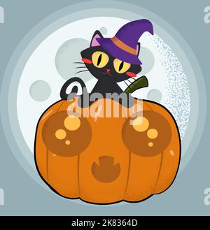 Halloween schwarze niedliche Katze sitzt auf einem Cartoon-Kürbis auf dem Hintergrund des Mondes. Urlaub, Vollmond. Federabbildung Stock Vektor