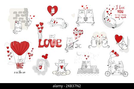 Niedliche Katzen in der Liebe. Valentinstag großes Set für Ihr Design. Sammlung von Doodle-Vektor-Illustrationen. Stock Vektor