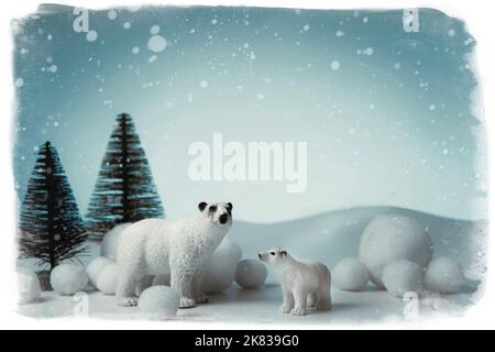 Vintage Winter Hintergrund für Einladungen und Karten mit Bären in einem verschneiten Wald mit Tannen. Konzept für Weihnachten und Neujahr Stockfoto