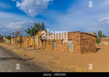 Steinhäuser des Dorfes Megab, Tigray, Äthiopien Stockfoto