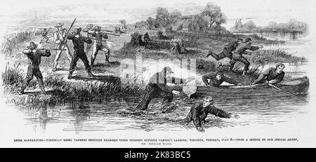 Rebellenbarbarbarkeiten - Virginian Rebel Farmers schießen unbewaffnete Unionssoldaten vor Carter's Landing, Virginia, Dienstag, 8.. Juli 1862. Illustration des amerikanischen Bürgerkriegs des 19.. Jahrhunderts aus Frank Leslie's Illustrated Newspaper Stockfoto