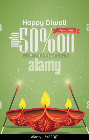 50% Rabatt auf Diwali Verkauf mit Öllampe und Cracker. Happy Diwali Sale Poster Design Vorlage Vektor Illustration. Festival-Verkauf, Angebot, Rabatt concep Stock Vektor