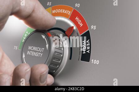 Der Mann dreht den Trainingsknopf auf ein hohes Niveau. HIIT Workout, High Intendsity Interval Training Konzept. Zusammengesetztes Bild zwischen einer Handfotografie und einer 3D b Stockfoto