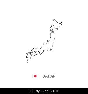 Japan Vektorkarte Umriss, Linie, linear. Schwarze Japan-Karte auf weißem Hintergrund. Japan-Flagge Stock Vektor
