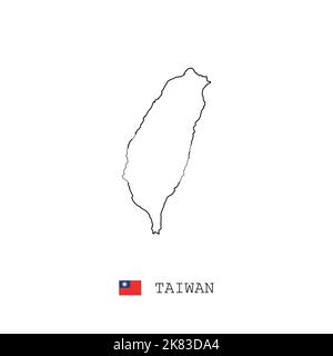 Taiwan Vektorkarte Umriss, Linie, linear. Schwarze Taiwan-Karte auf weißem Hintergrund. Taiwan-Flagge Stock Vektor