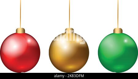 Set von realistischen Weihnachtsdekoration Kugeln, rot, Gold und grün auf einer Schnur. Transparenter Hintergrund Stock Vektor