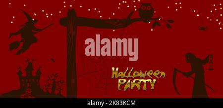 Halloween Party Hintergrund mit Kürbissen und Silhouetten Stockfoto