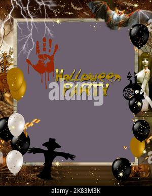 Halloween Party Hintergrund mit Kürbissen und Silhouetten Stockfoto