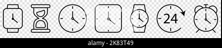 Uhrzeit- und Uhrzeilensymbole eingestellt. Vektordarstellung auf transparentem Hintergrund isoliert Stock Vektor