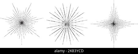 Stern mit gepunkteter Körnung und Balken. Schwarze, gestillte ray Sparkle and Flare Kollektion. Verschiedene rauschstrukturierte Sternchen. Unterschiedliche Rasterpunktarbeit Stock Vektor