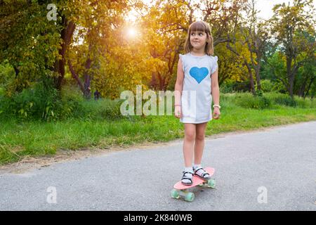 Nettes Mädchen, das bei Sonnenuntergang im Park auf einem Skateboard reitet. Gesunder Lebensstil Stockfoto