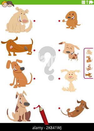Cartoon-Illustration der pädagogischen Matching-Aufgabe mit Hunden Tierfiguren und ihre Babys Stock Vektor