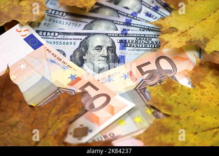 US-Dollar- und Euro-Banknoten, die mit gelben Ahornblättern bedeckt sind. Amerikanische und europäische Wirtschaft zum Herbstkurs Stockfoto