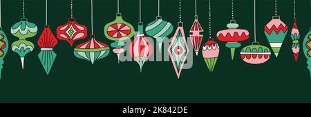 Retro Kugeln Vektor Nahtloses Horizontales Muster Rand. Weihnachten Winterferien Hintergrund Stock Vektor