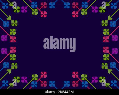 Weihnachtsrahmen mit farbigen Schneeflocken. Art déco-Rahmen im Stil der Linie Art. Vintage linearer Rand. Entwerfen Sie eine Vorlage für Einladungen, Broschüren und gree Stock Vektor