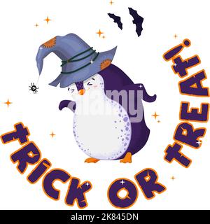 Halloween-Print mit niedlichem Vektor tanzenden Pinguin. Text tricksen oder behandeln. Lustiger Vogel in einem Hexenhut. Isoliert. Stock Vektor