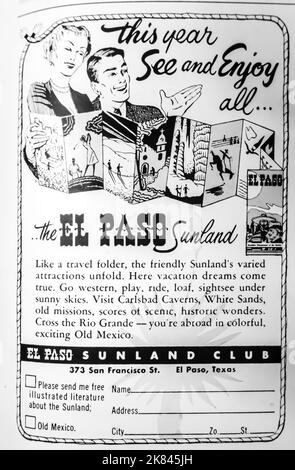 El Paso Sunland Club Reisewerbung in einem NatGeo Magazin, 1954 Stockfoto