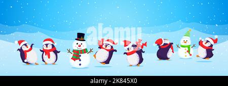 Banner mit einem Satz von Weihnachten Cartoon niedlichen tanzenden Pinguine und Schneemänner gemacht. Lustige Vögel in weihnachtsmann Hüte und Tücher. Isoliert. Stock Vektor
